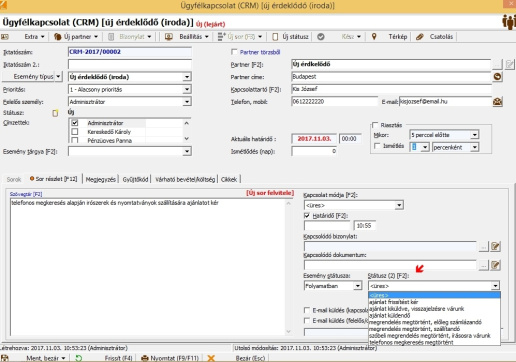 CRM modul -  felvitel státusz 2